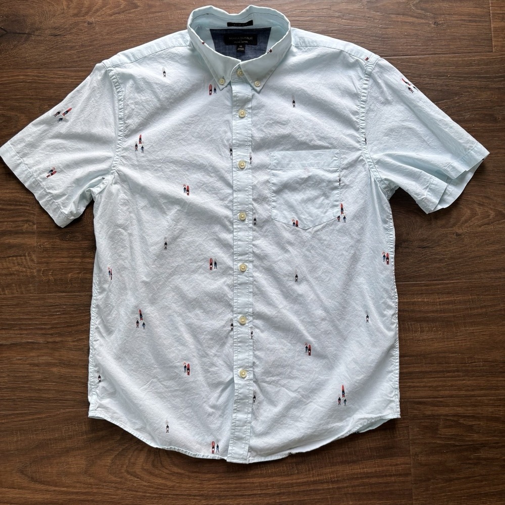 Banana Republic Slim Fit Light Blue Surfer Short Sleeve Cotton Button-Down M